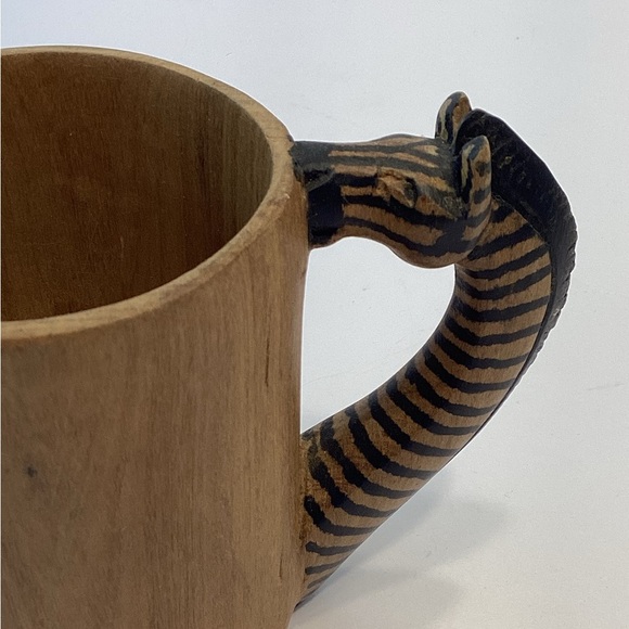 Folk Art Mug Zebra Head Handle Handcrafted Wooden W/ Zebra Swizzle-stick /stirer - Picture 3 of 8